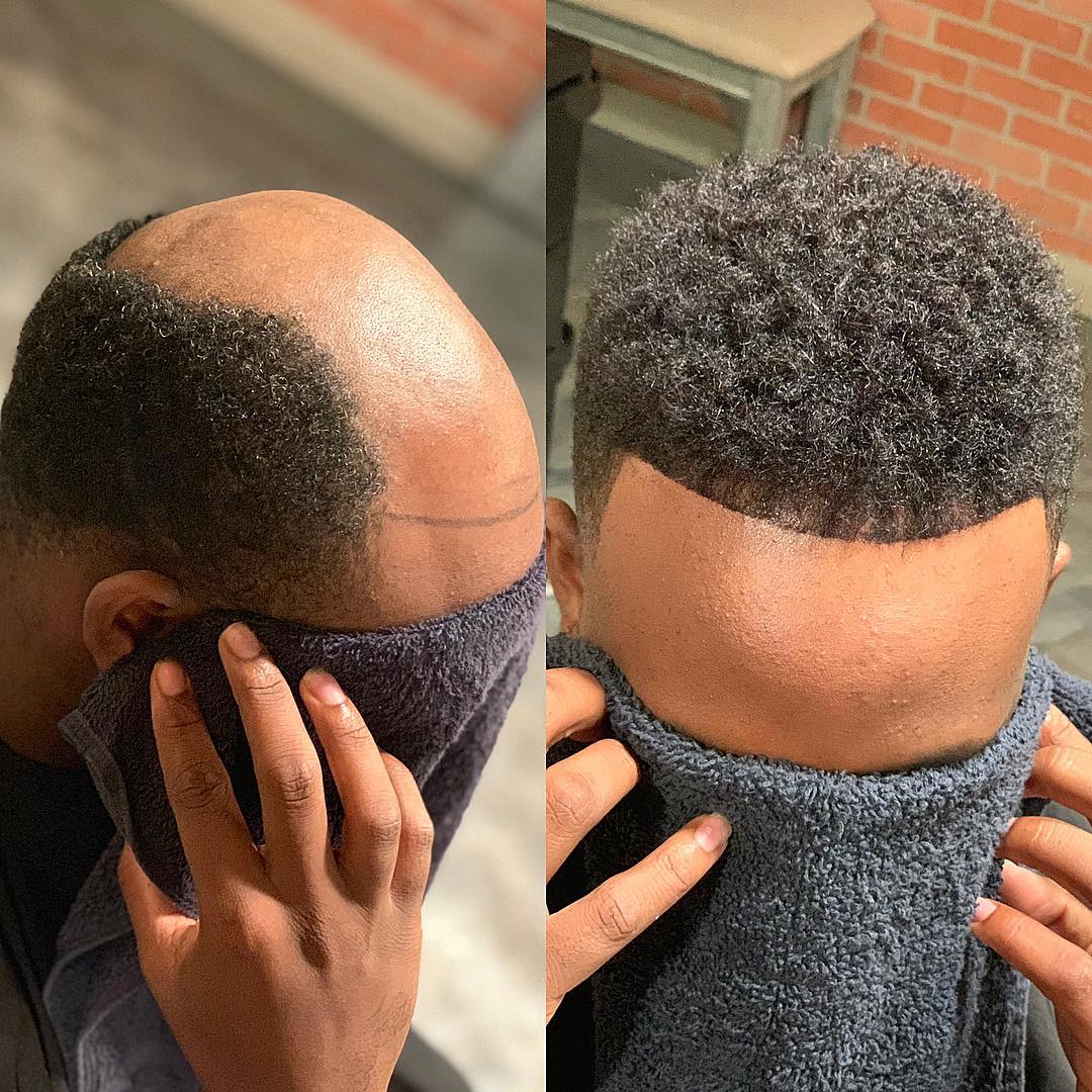 Short men's hair unit before-and-after result at Monk the Guru