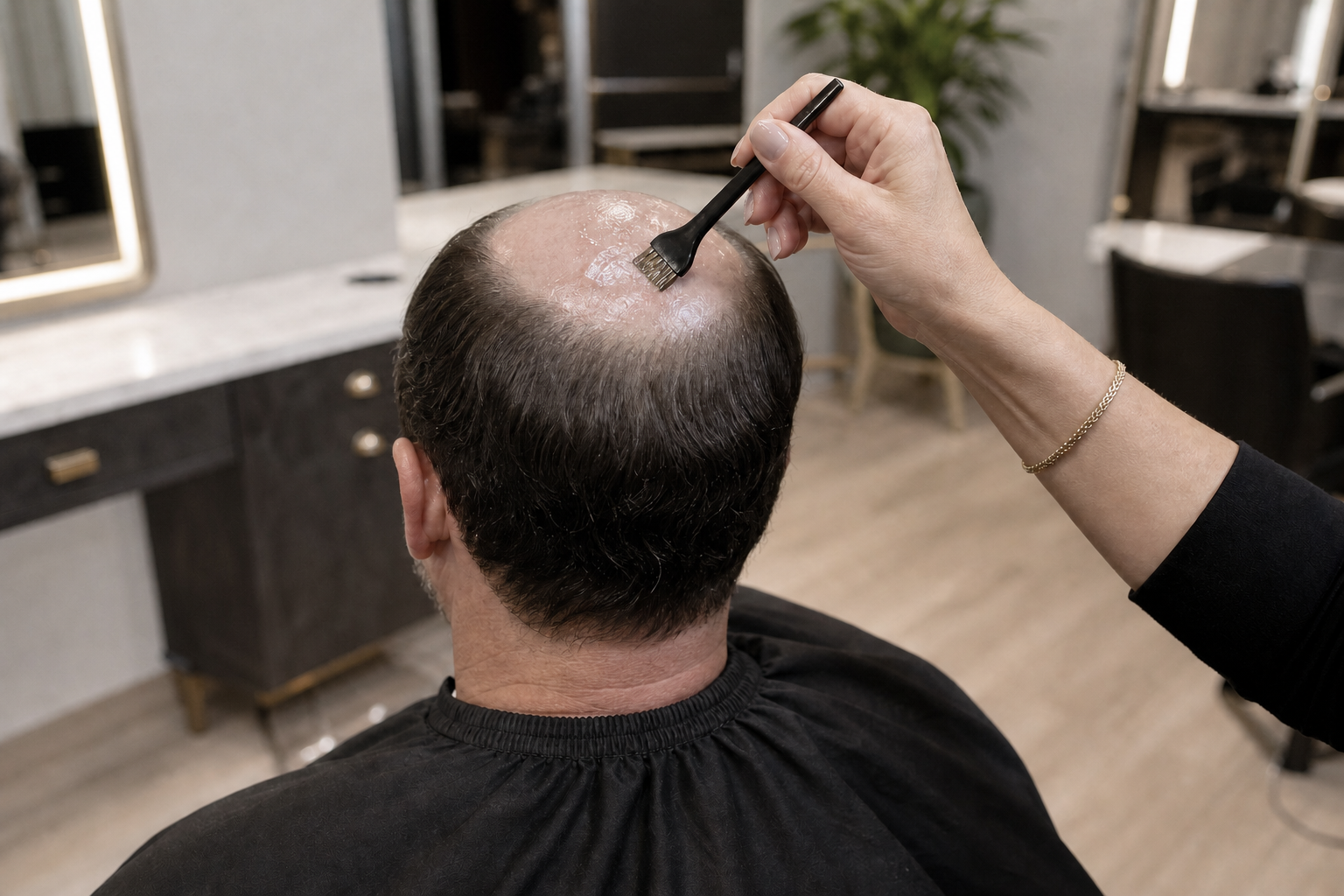 Hair system application preparation with adhesive at a Taunton barbershop